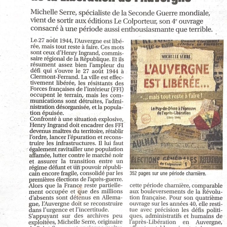 Article sur le livre L'Auvergne est libérée de Michelle Serre